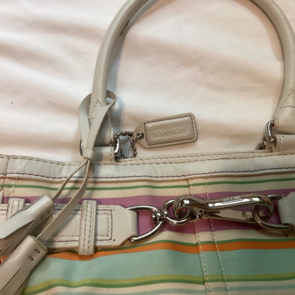Coach Stripe bag tassels purse red teal purple pink green charm emblem handles - Picture 2 of 11